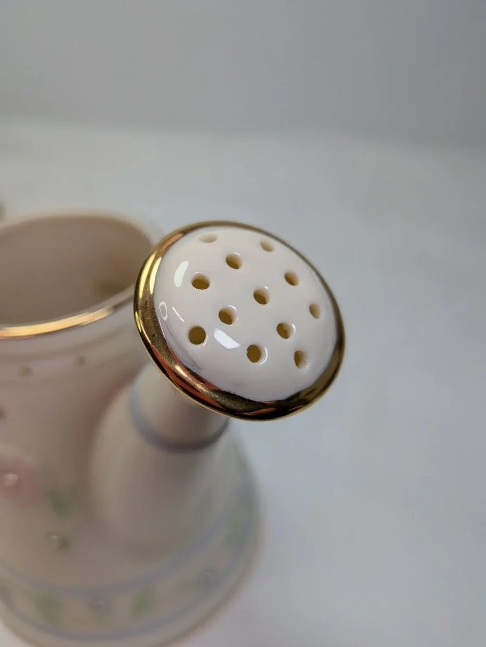 Lenox Porcelain Miniature Bird Watering Can Floral Pearl Glaze Gold Trim